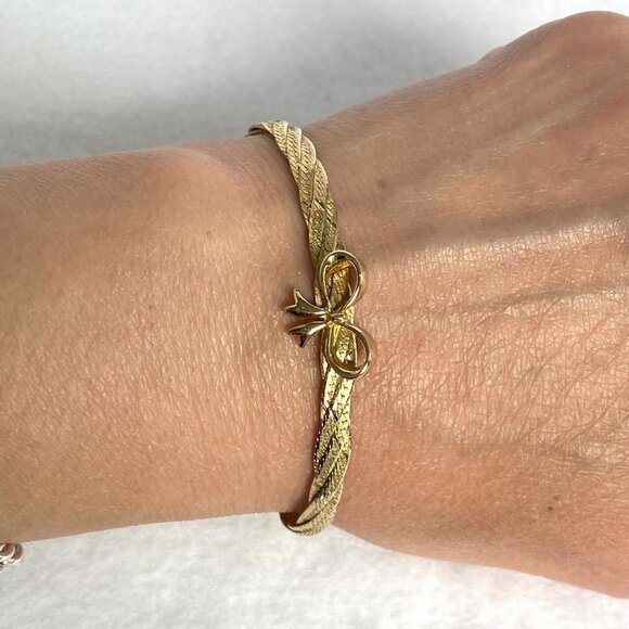 Gold Vermeil Sterling Silver 925 Italy Bow Herringbone Necklace & Bracelet Set - Picture 2 of 16